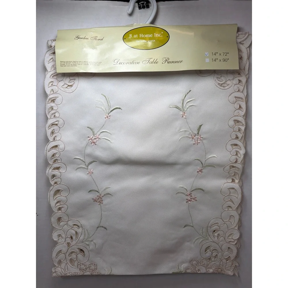 NWT B at Home Inc Table Runner 14x72 Cream Garden Floral Embroidered Scallop